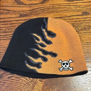 Skull and Flame Beanie - Black and Orange